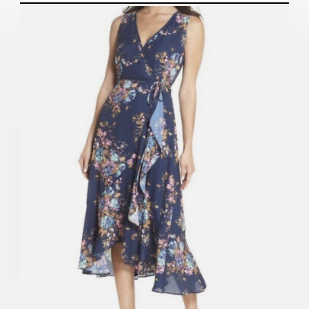 Charles Henry Sz Med Floral Ruffle Wrap Midi Dress Side Tie Sleeveles Navy NWOT
